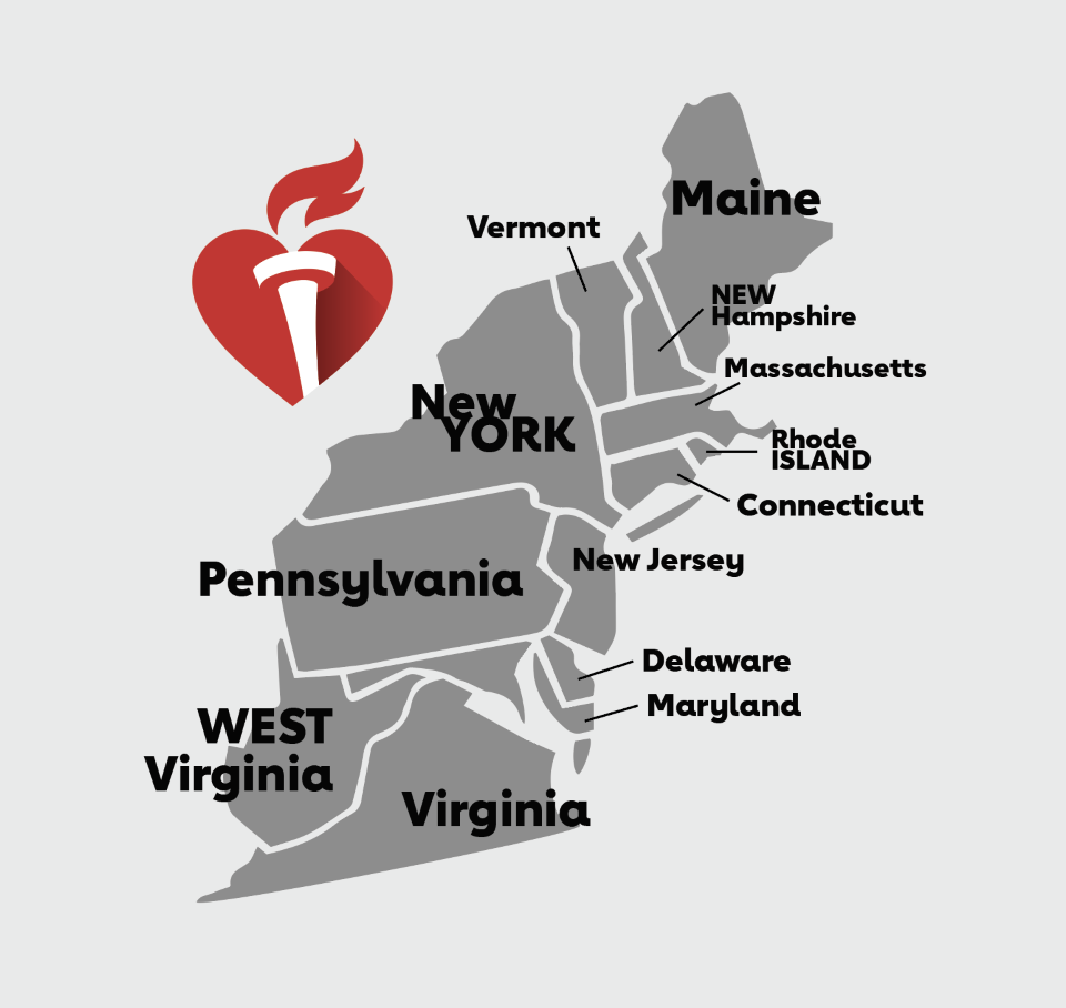 Map of Eastern States covering Virginia, West Virginia, Maryland, Delaware, Pennsylvania, New Jersey, New York, Connecticut, Rhode Island, Massachusetts, Vermont, New Hampshire, and Maine